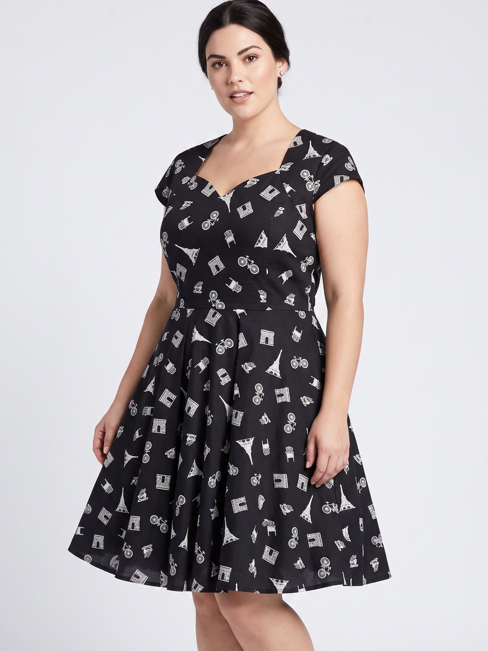 Black Eiffel Print A-line Midi Dress
